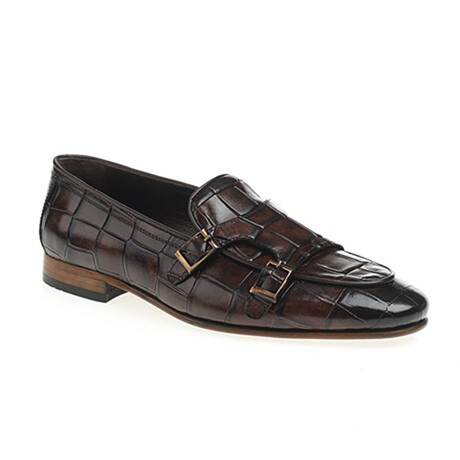 Genuine Leather Double Monk Strap Shoes // Crocodile Pattern // Brown (Euro: 40)