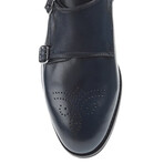 Genuine Leather Double Monk Strap Brogue Shoes // Navy Blue (Euro: 45)