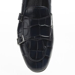 Genuine Leather Double Monk Strap Shoes // Crocodile Pattern // Navy Blue (Euro: 40)