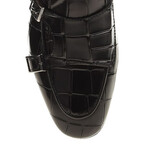 Genuine Leather Double Monk Strap Shoes // Crocodile Pattern // Black (Euro: 44)