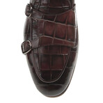 Genuine Leather Double Monk Strap Shoes // Crocodile Pattern // Burgundy (Euro: 44)