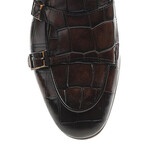 Genuine Leather Double Monk Strap Shoes // Crocodile Pattern // Brown (Euro: 43)