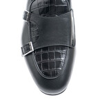 Genuine Leather Double Monk Strap Shoes // Crocodile Pattern + Plain // Black (Euro: 40)