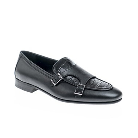 Genuine Leather Double Monk Strap Shoes // Crocodile Pattern + Plain // Black (Euro: 40)