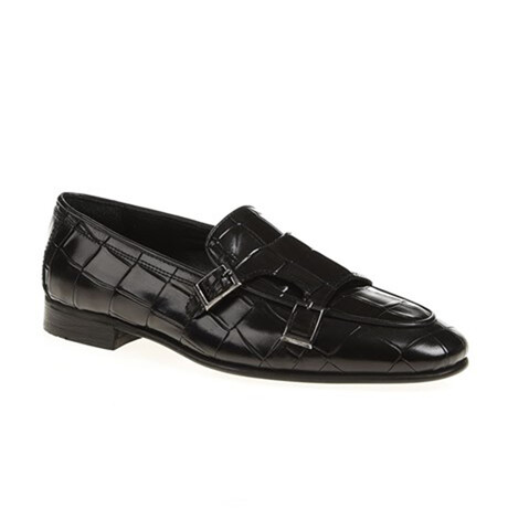 Genuine Leather Double Monk Strap Shoes // Crocodile Pattern // Black (Euro: 40)