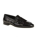 Genuine Leather Double Monk Strap Shoes // Crocodile Pattern // Black (Euro: 42)