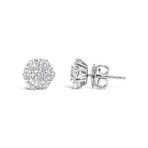 14K White Gold Lab-Grown Diamond Floral Cluster Composite Stud Earrings