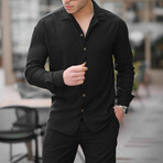 Ribbed Bowling Collar Long Sleeve Shirt // Black (L)