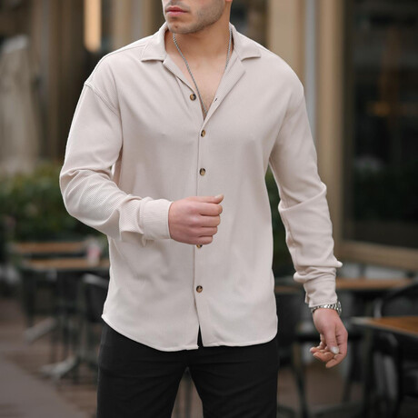 Ribbed Bowling Collar Long Sleeve Shirt // Light Beige (S)