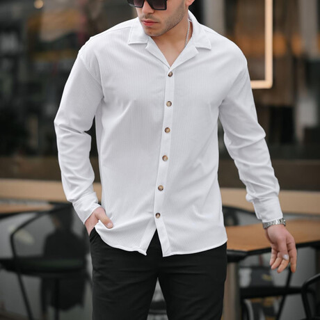 Ribbed Bowling Collar Long Sleeve Shirt // White (S)