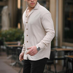 Ribbed Bowling Collar Long Sleeve Shirt // Light Beige (L)