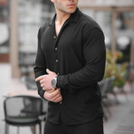 Ribbed Bowling Collar Long Sleeve Shirt // Black (L)