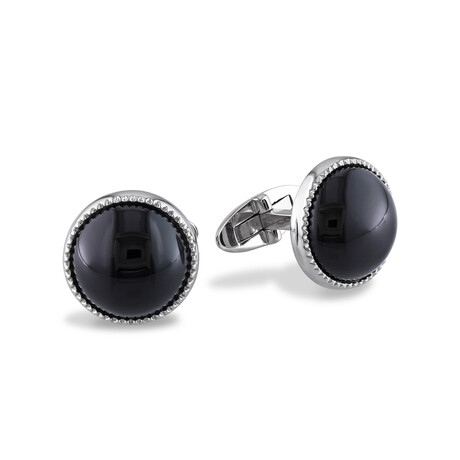 17 ct Black Onyx Bezel Cufflinks with Milgrain Finish // Sterling Silver