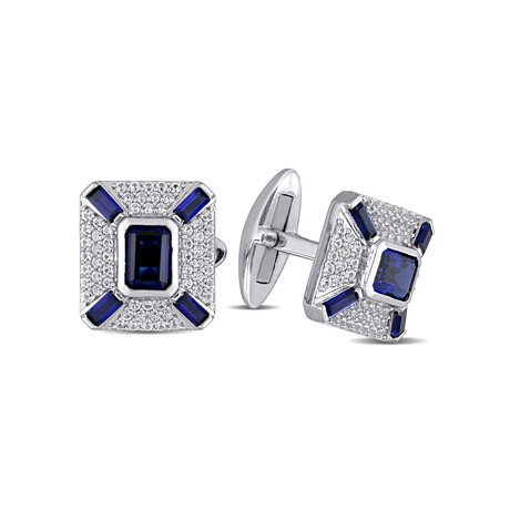 5.82 ct Blue Sapphire + White Sapphire Geometric Cufflinks // Sterling Silver