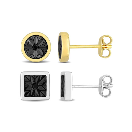 Black Diamond Accent 2Pc Set of Square and Round Stud Earrings in Two-Tone // Sterling Silver