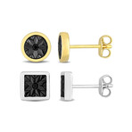 Black Diamond Accent 2Pc Set of Square and Round Stud Earrings in Two-Tone // Sterling Silver