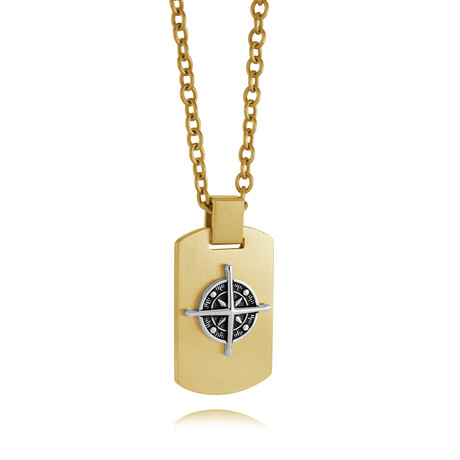 20" Gold Plated Stainless Steel Compass Dogtag Necklace // Gold