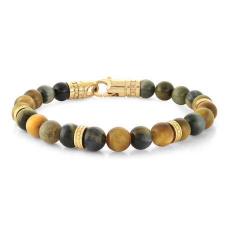 8.5" Gold Plated Stainless Steel Tiger's Eye Beaded Bracelet // Gold