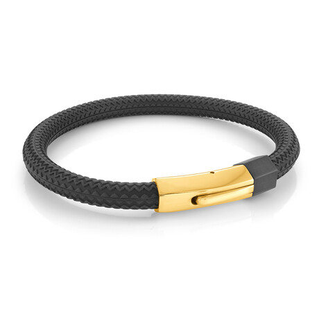 Black Plated Stainless Steel Clasp Black Tire Rubber Bracelet // Gold + Black (7.5")