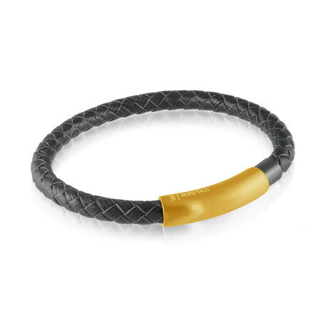 Gold Plated Stainless Steel Magnetic Clasp Leather Bracelet // Gold + Black (7.75")