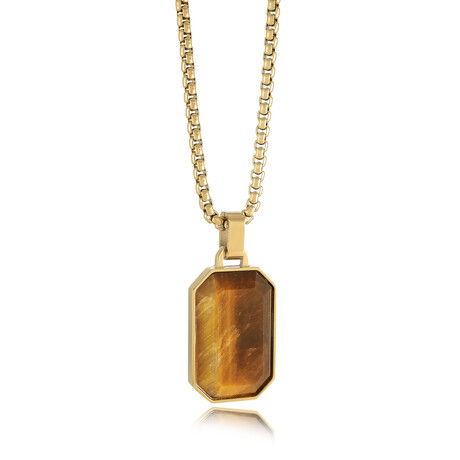 22" Gold Plated Stainless Steel Tiger's Eye Dogtag Necklace // Gold