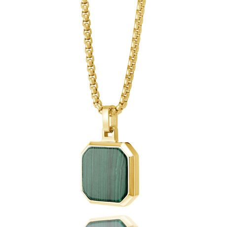 22" Gold Plated Stainless Steel Malachite Octogon-Square Pendant Necklace // Gold