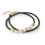 7.5" Gold Plated Stainless Steel + Swarovski Pearls Leather Bracelet // Gold + Black