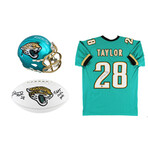 Fred Taylor Signed Jaguars Jersey, Fred Taylor Signed Jaguars Flash Alternate Speed Mini Helmet, & Fred Taylor Signed Jaguars Logo Football