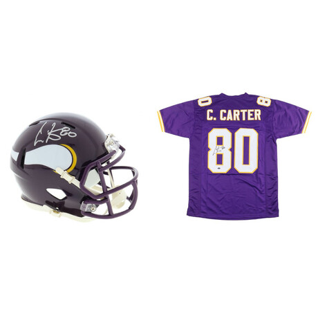 Cris Carter Signed Jersey & Cris Carter Signed Vikings Throwback Speed Mini Helmet