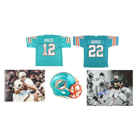 Bob Griese Signed Dolphins Jersey, Bob Griese Signed Dolphins 11x14 Photo, Mercury Morris Signed Dolphins Jersey, Mercury Morris Signed Dolphins Flash Alternate Speed Mini Helmet, & Mercury Morris Signed Dolphins 8x10 Photo