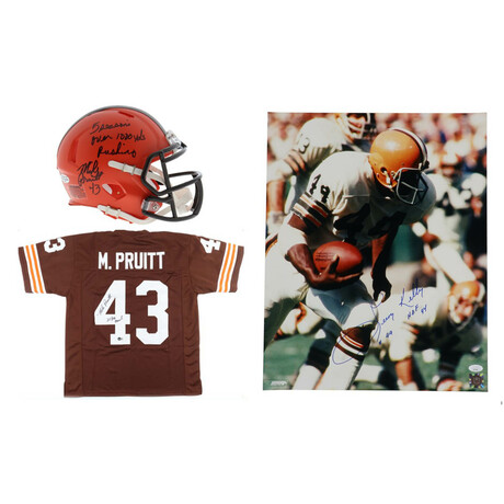 Mike Pruitt Signed Browns Jersey, Mike Pruitt Signed Browns Speed Mini Helmet, & Leroy Kelly Signed Browns 16x20 Photo