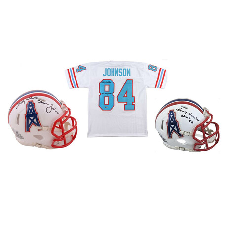 Billy "White Shoes" Johnson Signed Oilers Jersey, Billy "White Shoes" Johnson Signed Oilers Speed Mini Helmet , & Ken Houston Signed Oilers Speed Mini Helmet