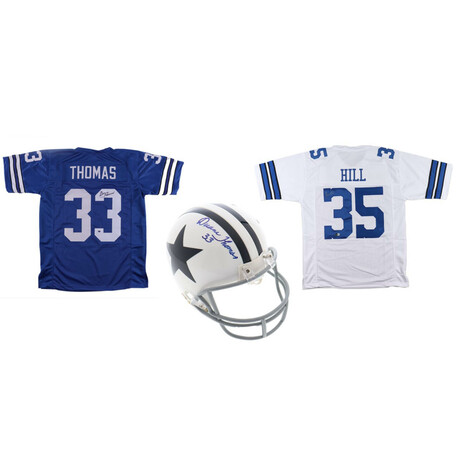 Calvin Hill Signed Cowboys Jersey, Duane Thomas Signed Cowboys Jersey, & Duane Thomas Signed Cowboys Mini Helmet