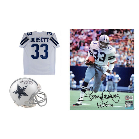 Tony Dorsett Signed Cowboys Jersey, Tony Dorsett Signed Cowboys Mini Helmet, & Tony Dorsett Signed Cowboys 8x10 Photo