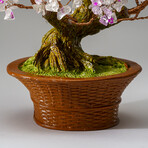 Genuine Clear Quartz with Rose Quartz Beads Bonsai Gemstone Tree in Round Basket Ceramic Pot 9”