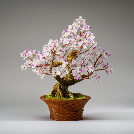 Genuine Clear Quartz with Rose Quartz Beads Bonsai Gemstone Tree in Round Basket Ceramic Pot 9”