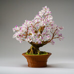 Genuine Clear Quartz with Rose Quartz Beads Bonsai Gemstone Tree in Round Basket Ceramic Pot 9”