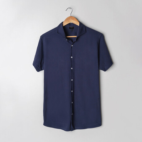 Feather Soft Piqué Button Front Shirt // Midnight Blue (XS)