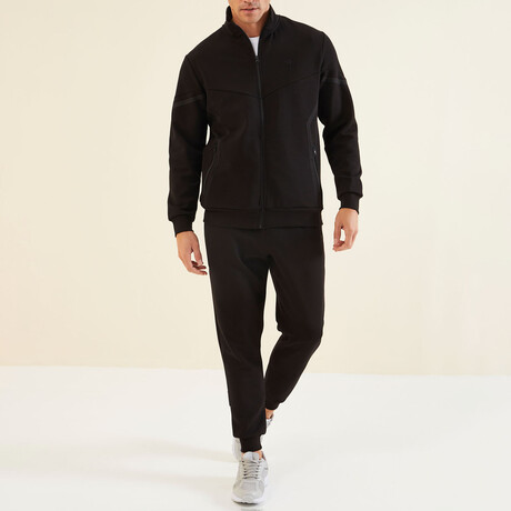 Men's Zippered Sweatshirt + Jogger Tracksuit Set // Black (S)