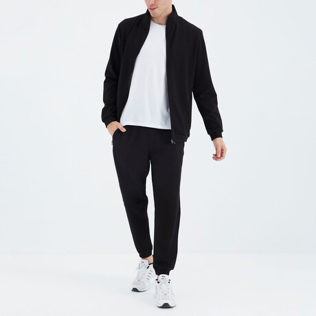 Men's Zippered Hidden Pocket Detail Sweatshirt + Jogger Tracksuit Set // Black (S)