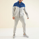 Men's Zippered Blocked Sweatshirt + Jogger Tracksuit Set // Blue + Stone (S)