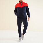 Men's Zippered Blocked Sweatshirt + Jogger Tracksuit Set // Orange + Indigo (S)