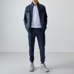 Men's High Collar Stripe Detail Zippered Sweatshirt + Jogger Tracksuit Set // Indigo (S)