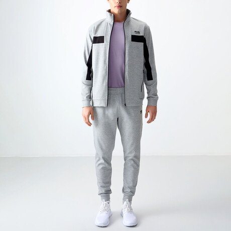 Men's High Collar Stripe Detail Zippered Sweatshirt + Jogger Tracksuit Set // Gray Melange (S)