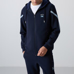 Men's Zippered Hooded Printed Sweatshirt + Jogger Tracksuit Set // Indigo (S)