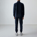 Men's High Collar Stripe Detail Zippered Sweatshirt + Jogger Tracksuit Set // Navy Blue (S)