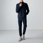 Men's High Collar Stripe Detail Zippered Sweatshirt + Jogger Tracksuit Set // Navy Blue (S)