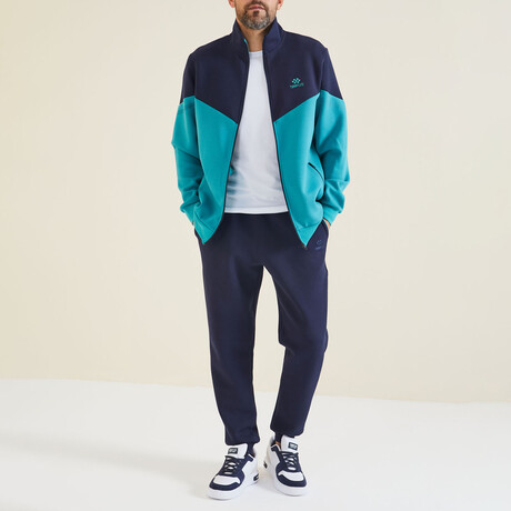 Men's Zippered Blocked Sweatshirt + Jogger Tracksuit Set // Sea Green + Indigo (S)