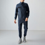 Men's High Collar Stripe Detail Zippered Sweatshirt + Jogger Tracksuit Set // Indigo (S)