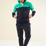 Men's High Collar Blocked Zippered Sweatshirt + Jogger Tracksuit Set // Turquoise + Indigo + White (S)